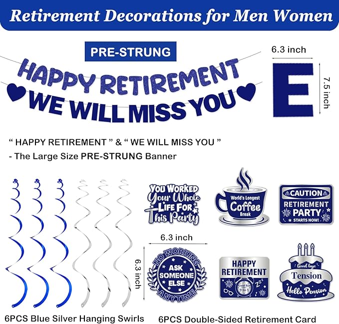 Retirement Party Decorations Men Women, Blue Silver Happy Retirement Decorations, Pre-Strung Happy Retlrement & We Will Miss You Banner, Balloons, Hanging Swirl, Cake Topper Retired Sash Honeycomb Set