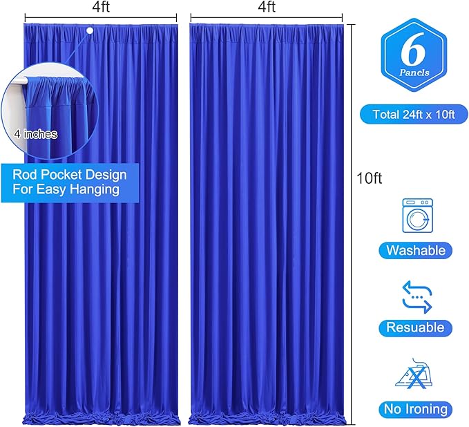 Wish Care Royal Blue Backdrop Curtains - 6 Panels, Wrinkle-Free, Polyester, Photography Drapes for Baby Shower, Birthday Party, Photo Background Backdrop Stand - 24 X 10FT (Royal Blue)