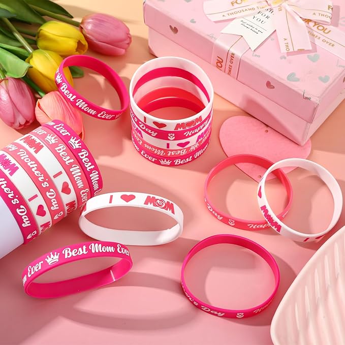 JUNEBRUSHS 42pcs Mother's Day Silicone Wristbands Party Favors Rubber Bracelets for Happy Mother's Day Mom Birthday Themed Party Supplies Goodie Bag Stuffers Fillers