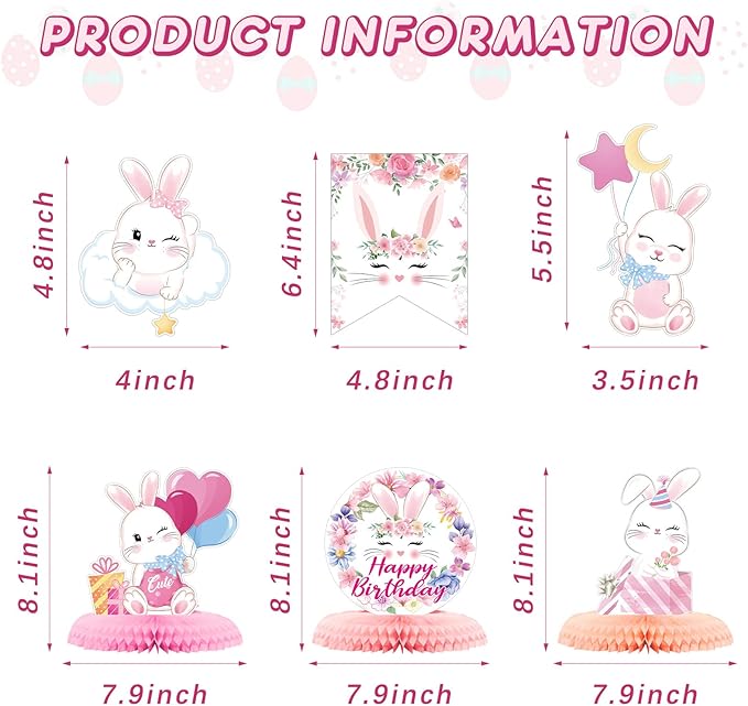 26 Pcs Easter Bunny Birthday Party Decorations Kit Supplies Bunny Birthday Banner Honeycomb Centerpiece Rabbit Hanging Swirls Cutouts for Girl Baby Shower Party Supplies