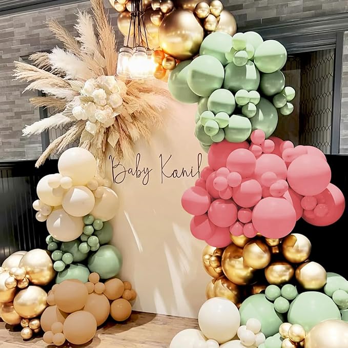 Sage Green Pink White Brown Balloons Garland Arch Kit, 160Pcs Boho Dusty Green Cherry Blossom Pink White Sand Brown Balloons for Girl Bridal Baby Shower Wedding Birthday Party Decorations