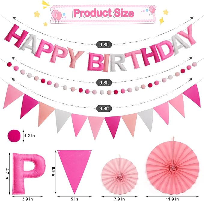 Pre-Strung Happy Birthday Banner, Reusable Felt Birthday Party Decorations, 3D Effect Happy Birthday Sign with Felt Ball Garland, Pennant Flag, Hanging Paper Fans for Men Women Boy Girls (Pink)