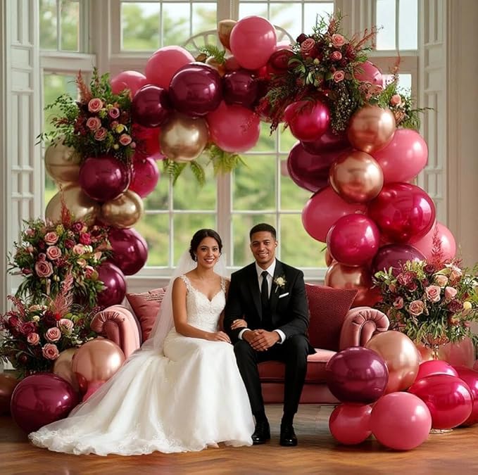 Burgundy Pink Balloon Arch Double Stuffed Maroon Gold Balloons Dark Red Pink Gold Balloon Garland Kit for Valentine Birthday Bridal Shower Wedding Party Decoration