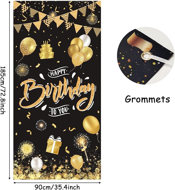 Black Gold Happy Birthday Door Banner,Birthday Door Cover Decoration Supplies Happy Birthday Backdrop Photography Background Sign For Women And Girls Birthday Party Home Outdoor Decor