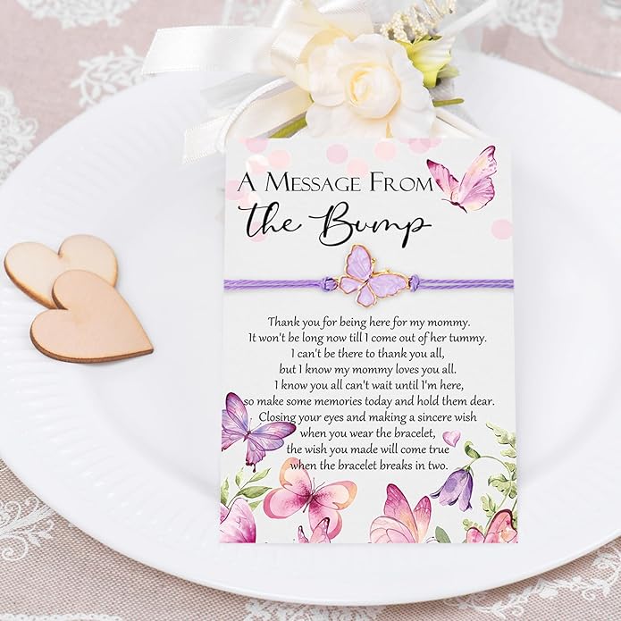 Ferreve Baby Shower Favors for Guests Bulk, 50 Pack Butterfly Wish Bracelets with “A Message from the Bump” Cards, Baby Shower Party Favors for Gender Reveal