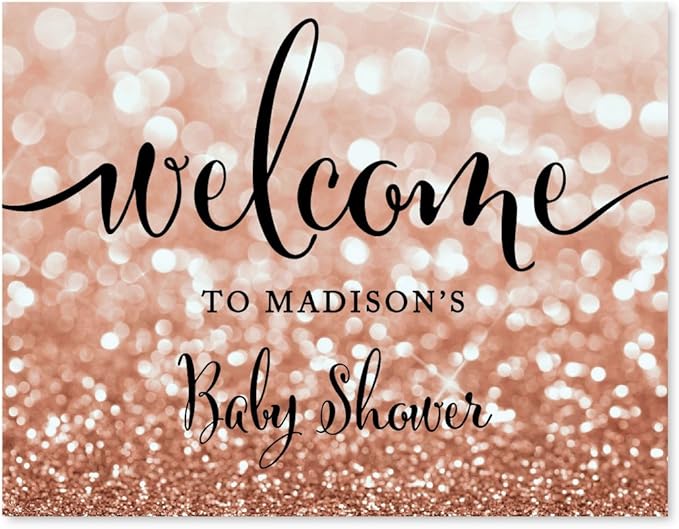 Andaz Press Personalized Baby Shower Party Signs, Glitzy Rose Gold Glitter, 8.5x11-inch, Welcome to Madison's Baby Shower Sign, 1-Pack, Bokeh Colored Party Supplies, Custom Made Any Name