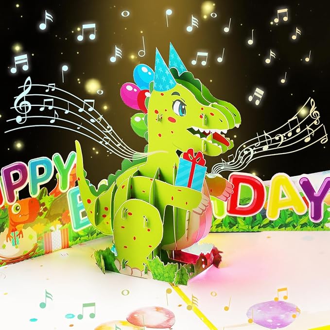 Musical Dinosaur Birthday Card, Light & Music Birthday Cards, Music Pop Up Birthday Card, Happy Anniversary Card, for All Occasion with Envelope.