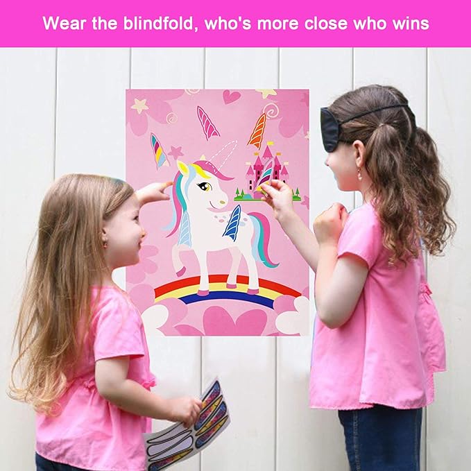 Pin The Horn on The Unicorn Game -Unicorn Party Game for Girls with 21'' x 28'' Poster, Reusable Horn Stickers Party Supplies for Kids Girls Birthday Party Favor Sets
