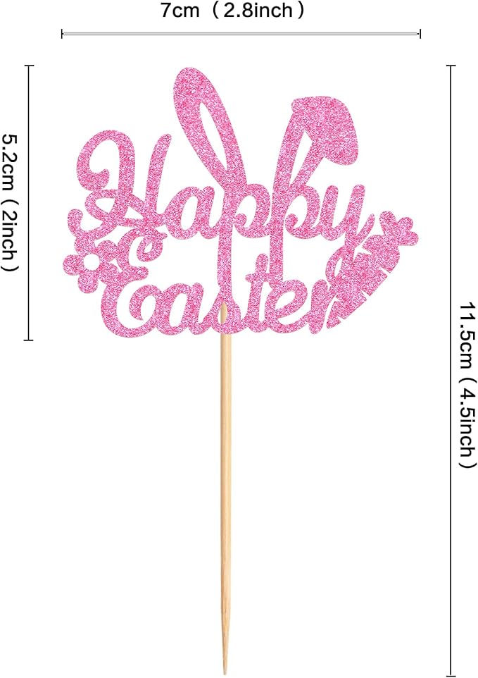 Ercadio 24Pcs Happy Easter Cupcake Toppers Glitter Pink Happy Easter Bunny Ears Cupcake Picks for Easter Day Theme Baby Shower Easter Birthday Party Cupcake Decorations