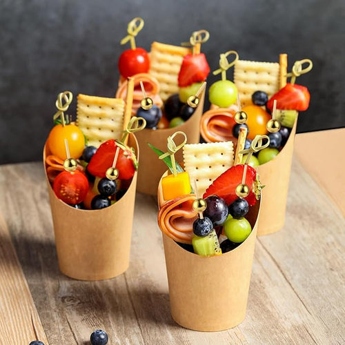 100 Pcs 12 oz Charcuterie Cups with Bamboo Skewers, Disposable Paper Appetizer Snack Holder Brown with Cocktail Picks (100 Cups + 200 Skewers)