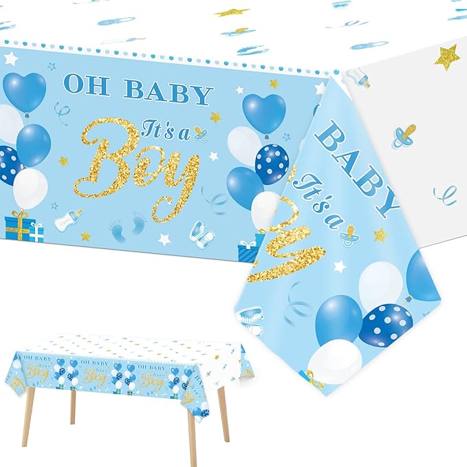 Tevxj 3 Pack Baby Shower Tablecloths Plastic Blue Baby Boy Shower Decorations Gender Reveal Party It's A Boy Table Covers for Baby Boy Birthday Shower Party Supplies, 54 x 108 Inch
