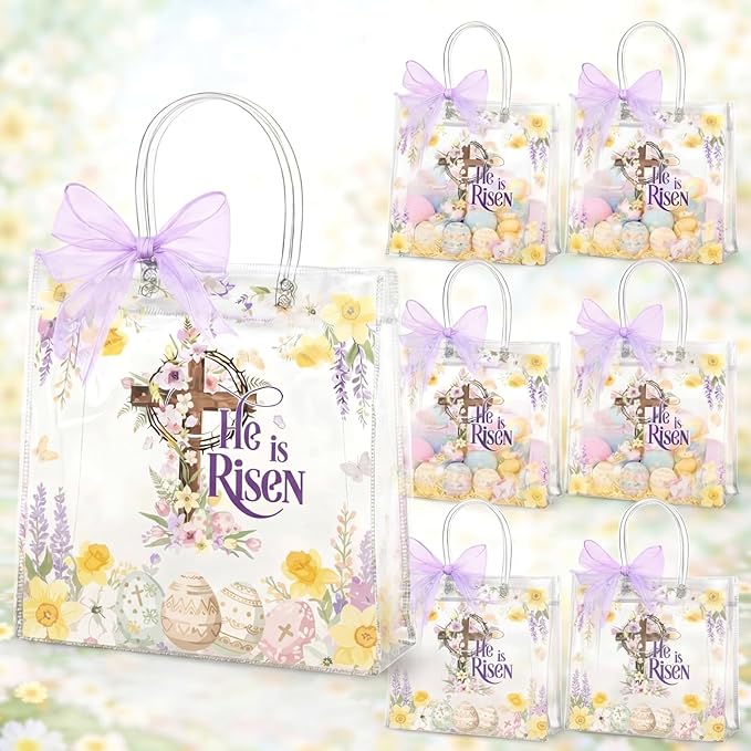 Henoyso 24 Pcs Easter He Is Risen Clear Gift Bags Christian Religious Plastic Goodie Treat Candy Bags with Handles Reusable PVC Party Favor Tote for Birthday Party Gift Wrapping, 7.8 x 7.8 x 3.1 Inch