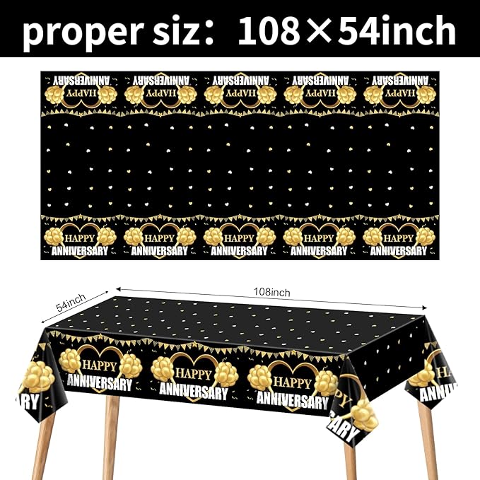 3 Pack Happy Wedding Anniversary Tablecloth Decorations, Black Gold Themed Table Cover Party Supplies, 25th 30th 40th 50th 60th Anniversary Plastic Disposable Rectangular Table Cloth Decor