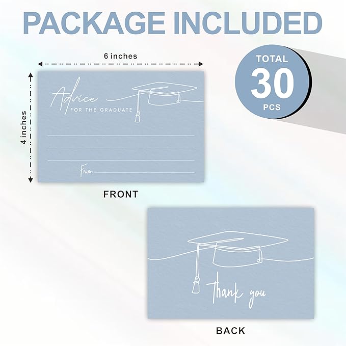30 Advice Cards For The Graduate - Minimalism Grad Cap - 4"X6" Blue Double-Sided Fill In Style Advice & Wishes Cards, Class Of 2026 Graduation Party Decorations & Supplies - 005
