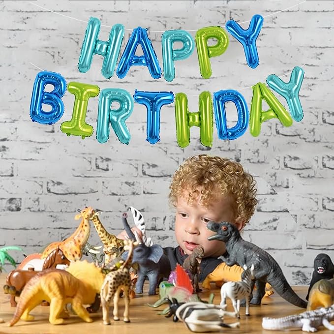 TONIFUL Blue Green Happy Birthday Balloons Banner 16 Inch Mylar Foil Letters Birthday Sign Bunting Reusable for Girls Boys Kids & Adults Birthday Decorations and Party Supplies