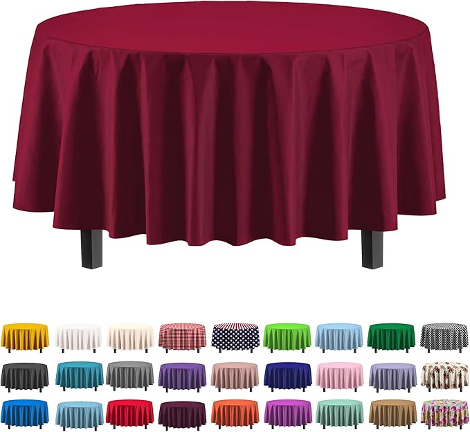 Exquisite 12-Pack Premium Plastic Tablecloth 12-Pack Premium Plastic 84-Inch Round Tablecloth, Burgundy