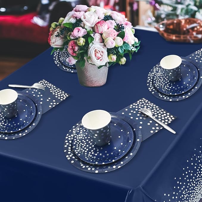 Serve 25 Guests Navy Blue Plates and Napkins Party Supplies,Blue and Silver Birthday Plates Napkins Cups Tablecloth Disposable