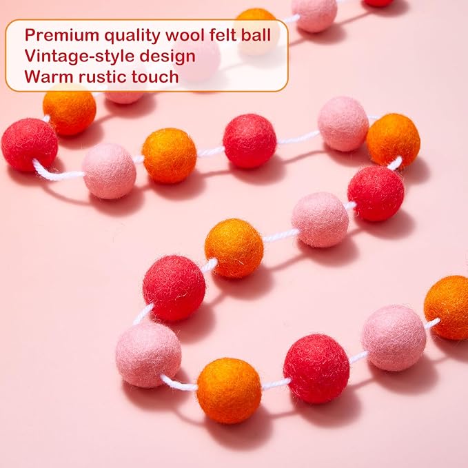 Boao 2 Pieces Wool Felt Ball Garland Colorful Pom Pom Garland Handmade 6.5 Feet Long 24 Balls Felt Banner for Wall Christmas Tree Decoration (Hot Pink,Pink,Orange)