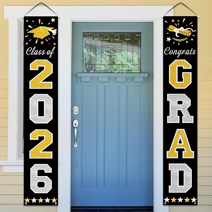 DAZONGE Graduation Decorations 2026, Black & Gold Class of Decorations 2026, Graduation Porch Banners for Any Schools or Grades Party Supplies