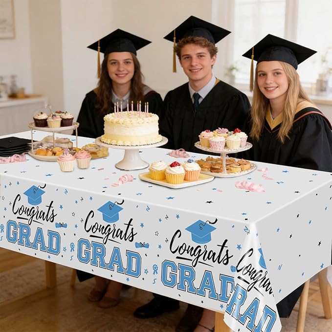 Oigco 2026 Graduation Decorations, 2 Pack Sky Blue Graduation Tablecloths Class of 2026, Congrats Grad Plastic Tablecloths for Graduation Party Decorations, 54 x 108 Inch