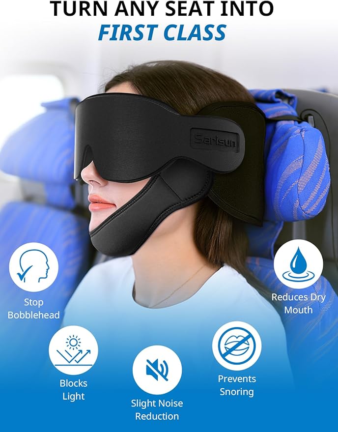 SARISUN Airplane Pillow Combo with Chin Strap, Travel Pillows for Airplanes with Sleep Eye Mask, Plane Head Strap for Long Flights, Car Road Trip, 360° Headrest, Stop Bobblehead Travel Essential, Red