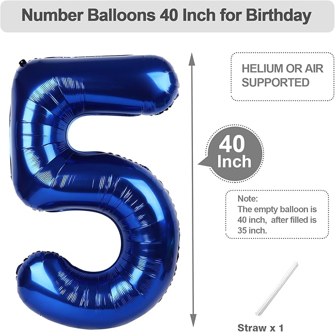 5 Number Balloons 40 Inch, Foil Balloons for Boys And Girls, Navy Blue Numbers Balloon for 5, 15, 25, 50 Birthday Party Decoration, Anniversary, Wedding, Single Supplies