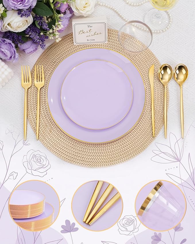 bUCLA 150PCS Purple Plastic Plates - Light Purple and Gold Disposable - Include 25 Each (Dinner & Dessert) lavender Plates, 25 Knives, 25 Forks, 25 Spoons & 25 Cups for Party, Easter & Wedding