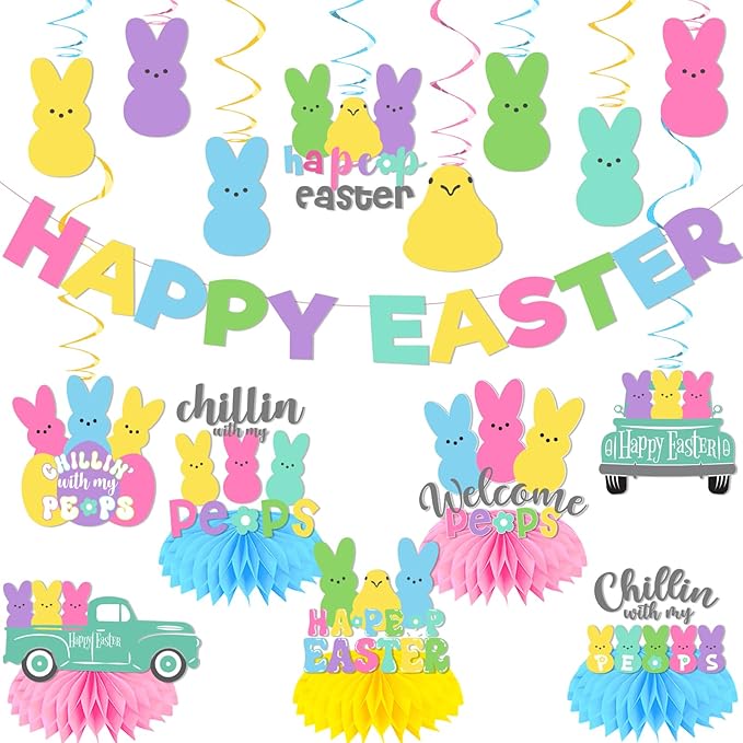 Easter Party Decorations, Easter Decorations Includes Happy Easter Banner Hanging Swirls Easter Party Supplies Honeycomb Centerpieces, Easter Bunny Decorations for Office Home Classroom Spring Party