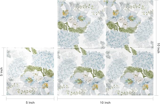 LeZakaa 25Pcs Hydrangea Guest Napkins, 3-Ply Floral Cocktail Beverage Bar Square Disposable Napkins Hand Towels for Wedding Engagement Bridal Shower Birthday Tableware Party Supplies, 5 x 5 In