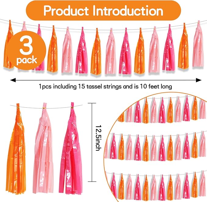 BEISHIDA 3 Packs Pink Orange Metallic Foil Fringe Tassel Garland, Tassels Banner Streamers for Car Floats Easter Baby Shower Birthday Party Decoration Wedding Garden Children's Holiday Party Supplies