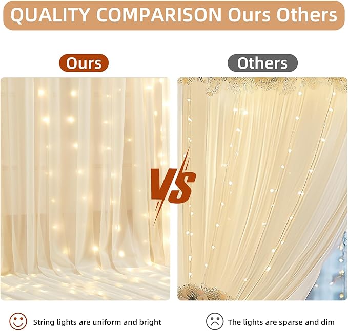 10x10FT Cream Wrinkle Free Backdrop Curtains with Lights String for Parties - Photo Curtain Backdrop with Lights for Wedding Decorations, Bridal Baby Shower Birthday Party Photography Background
