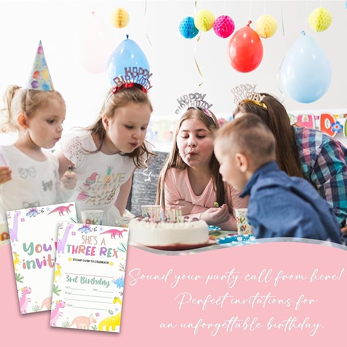 3RD Birthday Party Invitations- She’s A Three-Rex Stomp Over to Celebrate - 20-Pack of 4''x6'' Invite Cards with Envelopes, Double-Sided Fill In Birthday Party Celebrate Supplies & Decor For Girls-A11