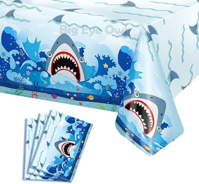 3 Pcs Shark Party Tablecloths Plastic Disposable Birthday Party Table Cloth Rectangle Tablecovers Decorations Blue Boys Shark Theme Party Supplies 54x108 Inch