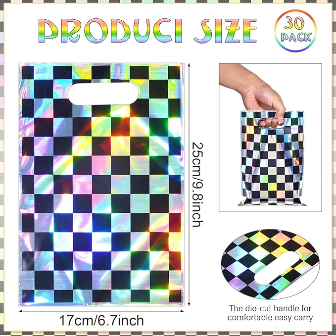 FunnyPars 30 Pcs Iridescent Checkered Race Car Party Favor Bags, Plastic Black and Iridescent Car Goodie Treat Bags, Racecar Laser Plaid Gift Bags for Kids Fast Race Car Birthday Party Decorations