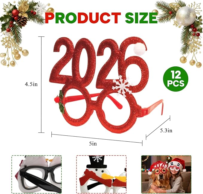 2026 Christmas Party Glasses,12pcs Fun Glitter Christmas Holiday Photo Booth Props for Kids Adults, Costume Eyeglasses for Christmas Party Favors and Decorations(One Size Fits All)