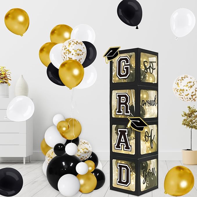 DAZONGE 2026 Graduation Decorations Black and Gold - Set of 4 Grad Boxes with 139pcs Balloon Arch Garland Kit & 4 Light Strings - So Proud of You 2026 Graduation Party Decorations for Any Grades