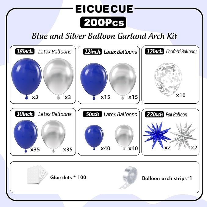 Blue and Silver Balloons Garland Arch Kit with Stars 200Pcs - 5 10 12 18 22 inch Balloon and Confetti Balloons for 2025 Graduation New Year Anniversary Birthday Wedding Prom Party Decorations