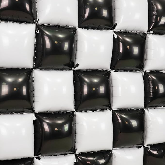 Black and White Square Foil Balloons Wall, Double Sided Chrome Black White Balloons Tunnel Arch Kit Backdrop for Checkerboard Racing Themed Birthday Graduation Wedding Party Decorations