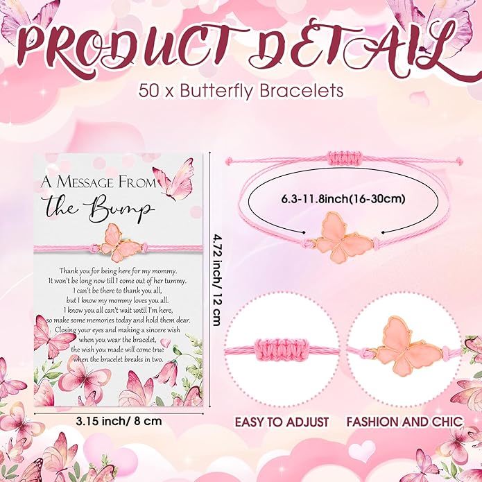 Ferreve Baby Shower Favors for Guests Bulk, 50 Pack Butterfly Wish Bracelets with “A Message from the Bump” Cards, Baby Shower Party Favors for Gender Reveal
