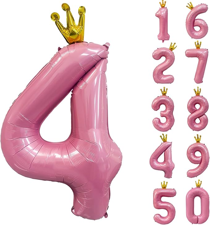 40 inch Pink Number 4 Balloon with Crown, Pink Crown Balloons 0-9 for 4th Birthday Party Anniversary Decorations Supplies