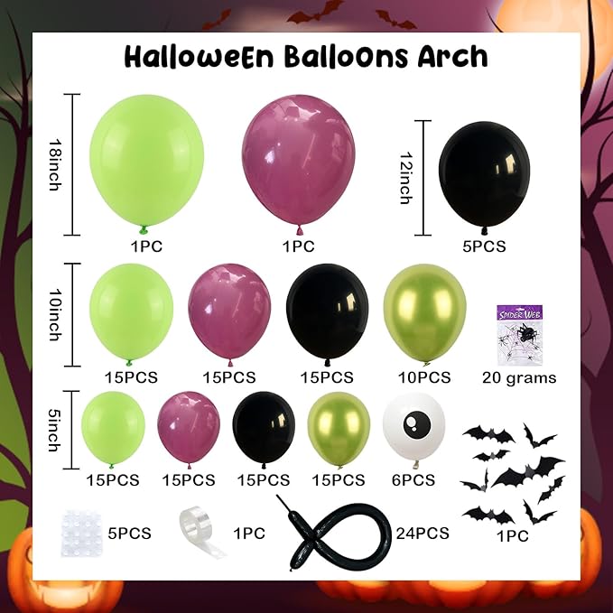 160 Pcs Halloween Balloon Garland Arch Kit, Halloween Birthday Decorations with Black Purple Green Eyeball Metallic Latex Balloons 3D Bats Spider Web for Indoor Outdoor Scary Ghost Party Decorations