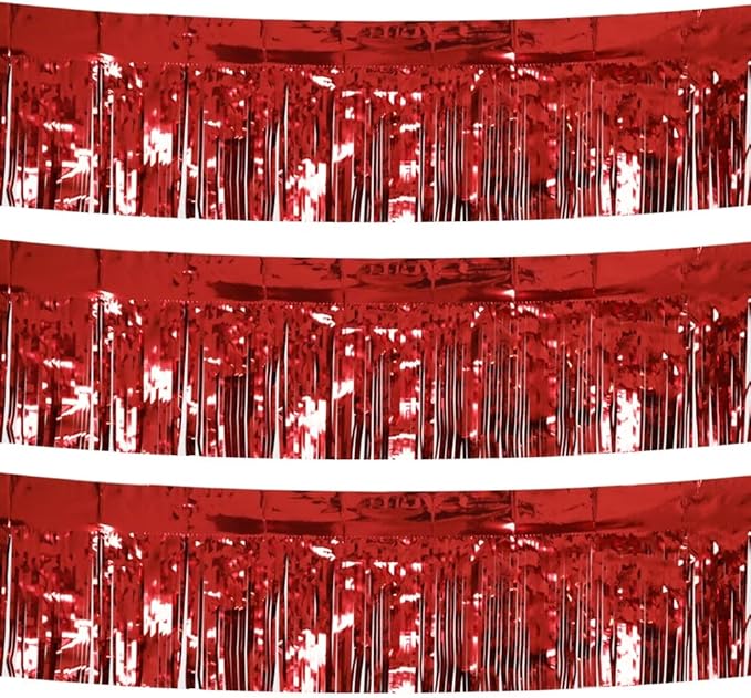3 Pack Total 30 Feet Foil Fringe Garland Metallic Wall Hanging Drapes Tassel Skirting Tinsel Streamers Decorations for Parade Float Trailer Mardi Gras Party Birthday Wedding (Red)
