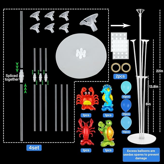 4 Sets Ocean Animal Theme Party Balloons Stand Kit with Sea Turtle Seahorse Lobster Crab Foil Balloons Party Balloon Centerpiece for Tables for Under the Sea Birthday Pool Beach Decoration