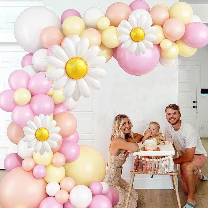 Daisy Flower Balloon Garland Arch Kit 137 pcs Groovy Flower Foil Balloons Boho Pastel Pink Yellow White Orange Birthday Party Decorations for Girls Bridal Baby Shower Wedding Carnival Holiday