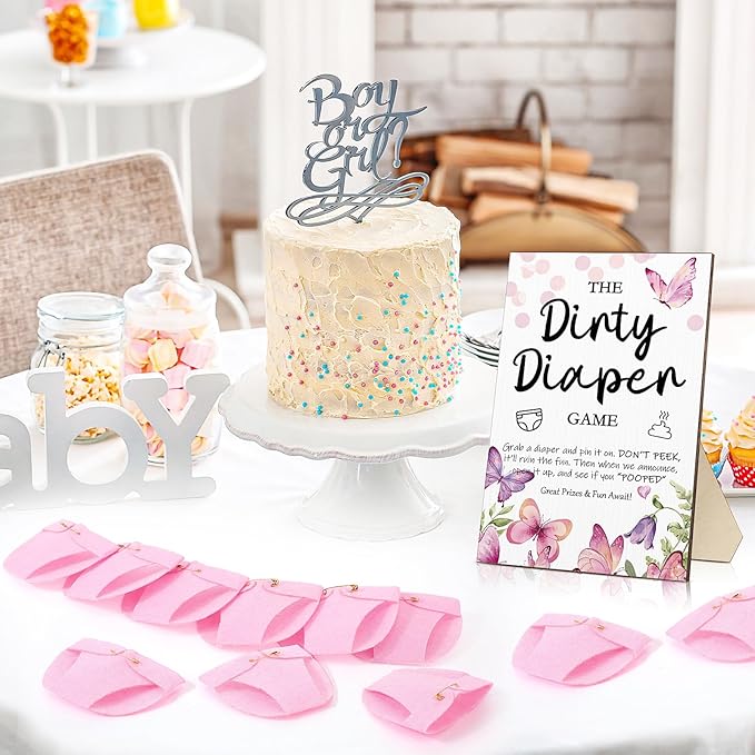 Roowest 51 Pcs Dirty Diaper Baby Shower Games Funny Wooden Sign with 50 Pcs Mini Diapers Cute Felt for Gender Reveal Party Baby Shower(Pink Butterfly)