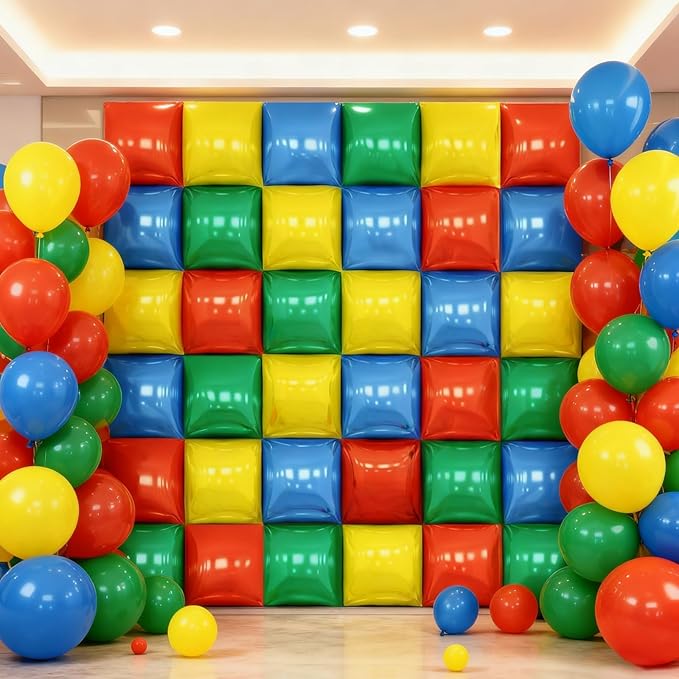 Red Yellow Blue and Green Square Foil Balloon Wall, 19'' Double Sided Foil Balloons Backdrop Tunnel Arch Kit for Anniversary Bachelorette Bridal Baby Shower Birthday Party Background Decor