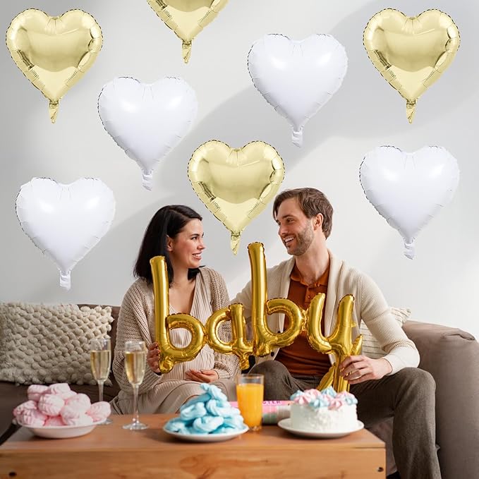 Gold White Foil Heart Balloons, 18 Inch 10 Pcs Pastel Yellow White Foil Heart Shape Balloons Large Light Yellow and White Heart Balloons for Birthday Wedding Graduation Baby Party Valentines