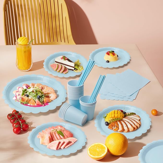 168PCS Party Plates, Scalloped Gingham Paper Plates and Cups and Napkins Sets Party Supplies for Birthday Wedding Bridal Shower Baby Shower Picnic, Serve for 24 Guests (Blue Scalloped)