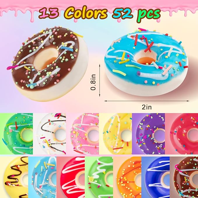 52 pcs Rainbow Donut Stress Balls Mini Stress Relief Ball Foam Donuts Party Favors for Birthday Party Shop Decoration (13 Colors)
