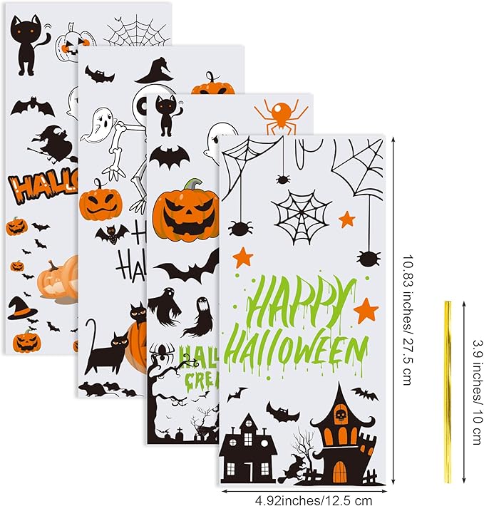 Aegero Halloween Cellophane Treat Bags, 200pcs Trick or Treat Goody Bags with 220pcs Twists for Snacks Cookies Packing, Party Supplies,Halloween 01